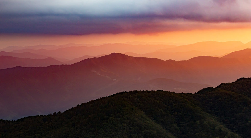 photo of Japanese mountains at sunset