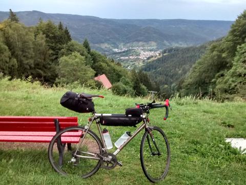 Hamish's bike overlooking a valley