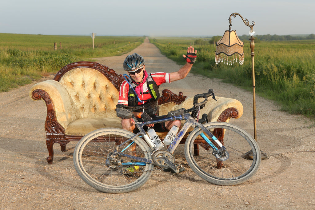 Llyod Berry sat on a lounger after finishing the Dirty Kanza
