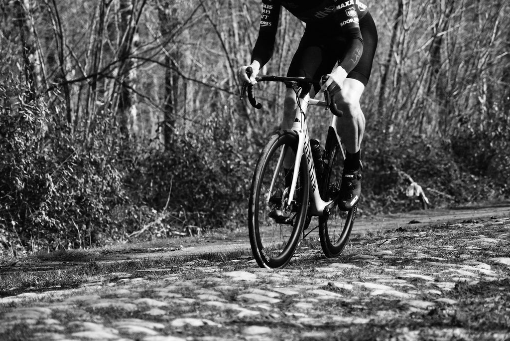The HUNT 48 Limitless Aero Disc Wheelset being tested on the rough cobblestones of Northern Europe, proving that they are strong enough for any road surface